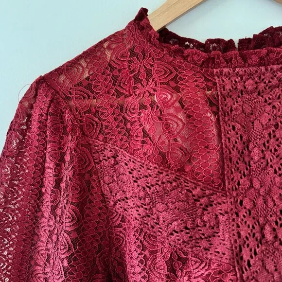 Cable & Gauge Burgundy Lace Blouse Romantic Long Sleeve Top - Picture 3 of 13